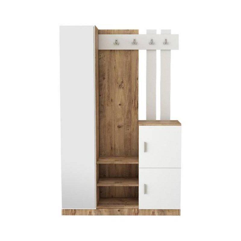 Beyaz ve Açık Ahşap Aynalı 3 Kapaklı Bas-Aç Portmanto Vestiyer - 114 cm - 158719