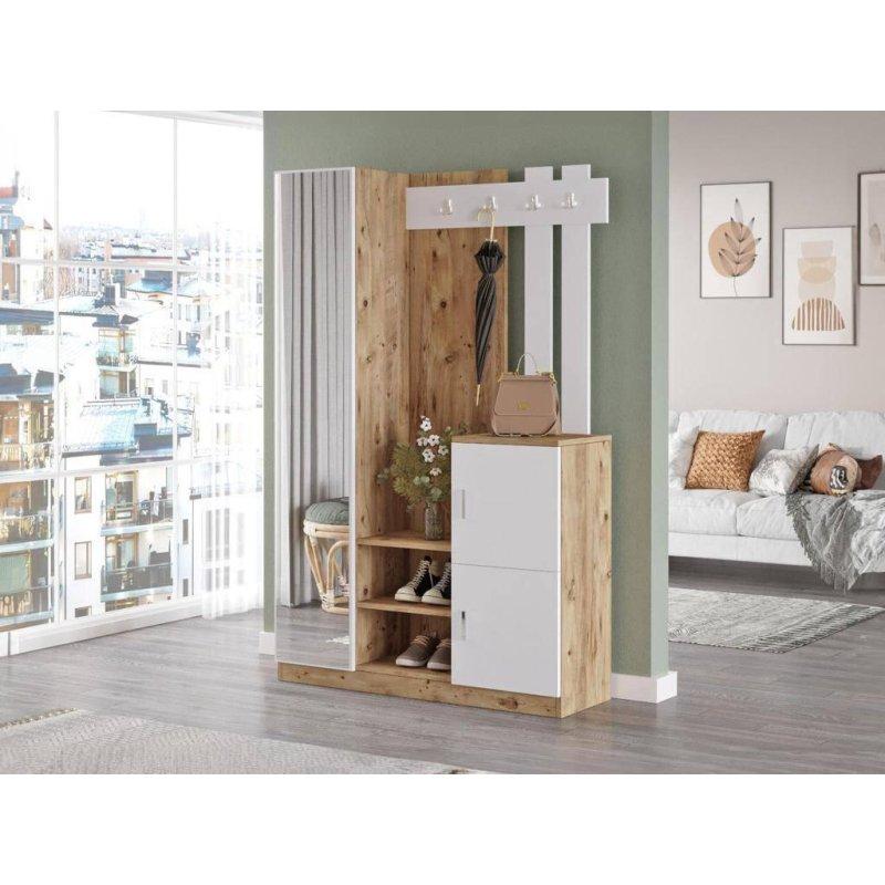 Beyaz ve Açık Ahşap Aynalı 3 Kapaklı Bas-Aç Portmanto Vestiyer - 114 cm - 158719