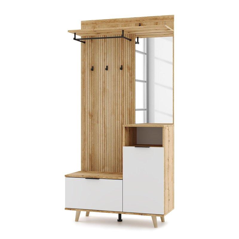 Beyaz ve Ahşap Desenli Suntalam 3 Kapaklı Portmanto Vestiyer - 100x40x204 cm - 158845