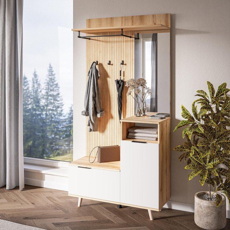 Beyaz ve Ahşap Desenli Suntalam 3 Kapaklı Portmanto Vestiyer - 100x40x204 cm - 158845