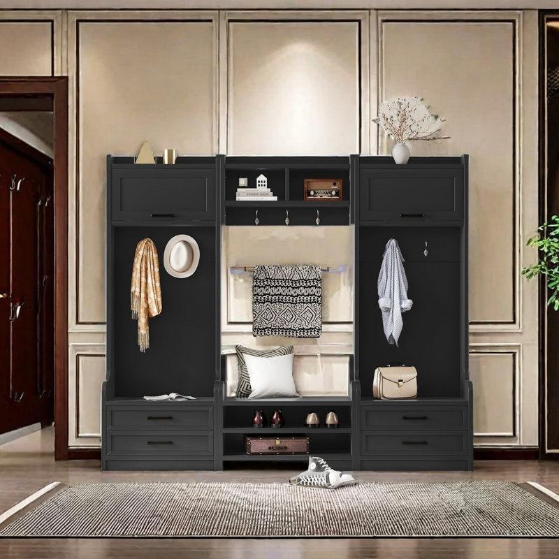 Beyaz ve Ahşap Rengi MDF Çok Amaçlı Oturaklı Portmanto Vestiyer - 199 cm - 159475