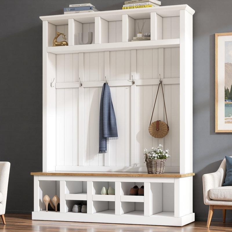 Beyaz ve Ahşap Rengi MDF Oturaklı ve Ayakkabılıklı Portmanto Vestiyer - 150 cm - 159853