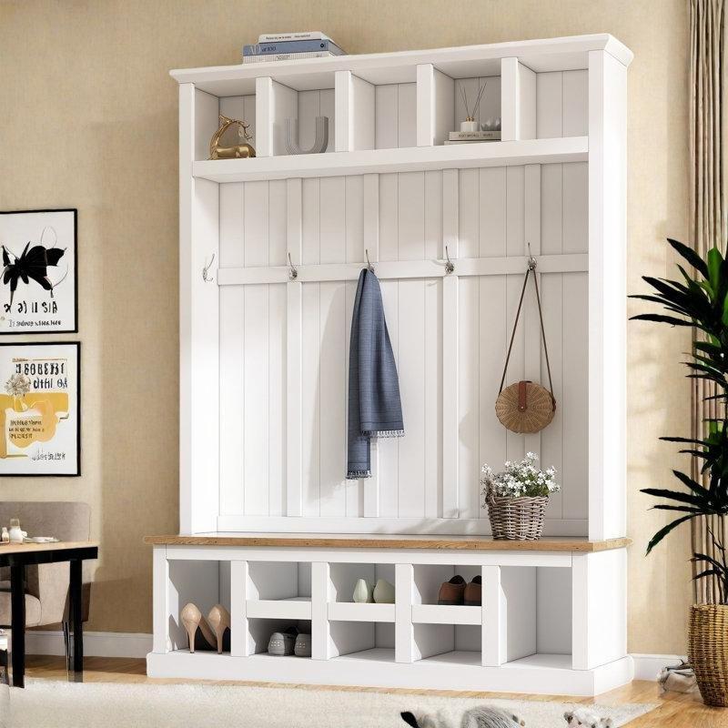 Beyaz ve Ahşap Rengi MDF Oturaklı ve Ayakkabılıklı Portmanto Vestiyer - 150 cm - 159853