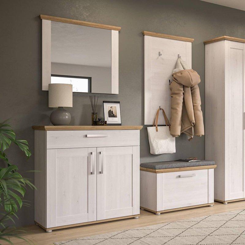 Beyaz ve Artisan Meşe Rengi Suntalam 4 Parçalı Aynalı Oturaklı Portmanto Vestiyer - 190x196 cm - 158869