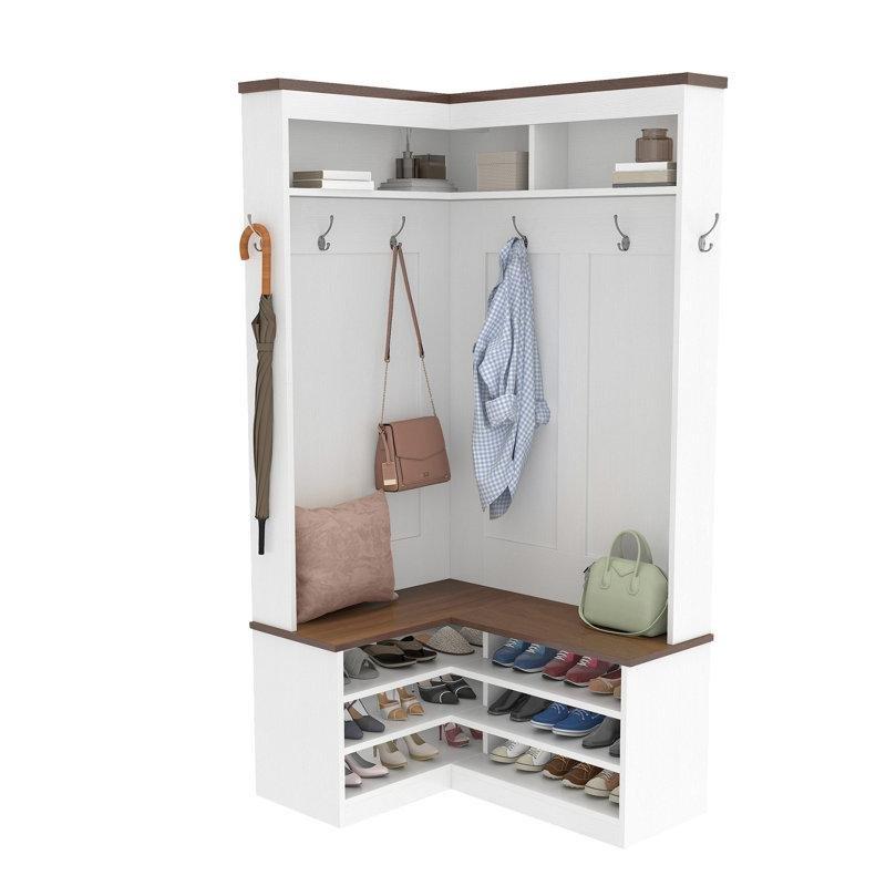 Beyaz ve Ceviz Rengi Oturaklı Köşe Suntalam Portmanto Vestiyer 6 Askılı - 159424