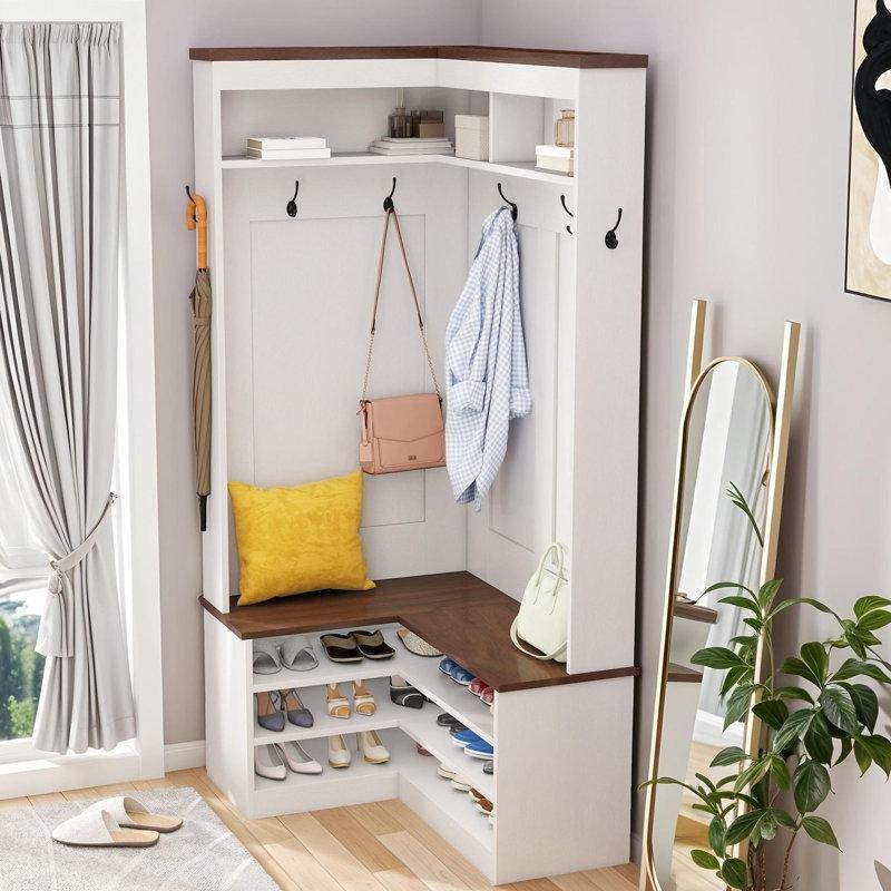 Beyaz ve Ceviz Rengi Oturaklı Köşe Suntalam Portmanto Vestiyer 6 Askılı - 159424