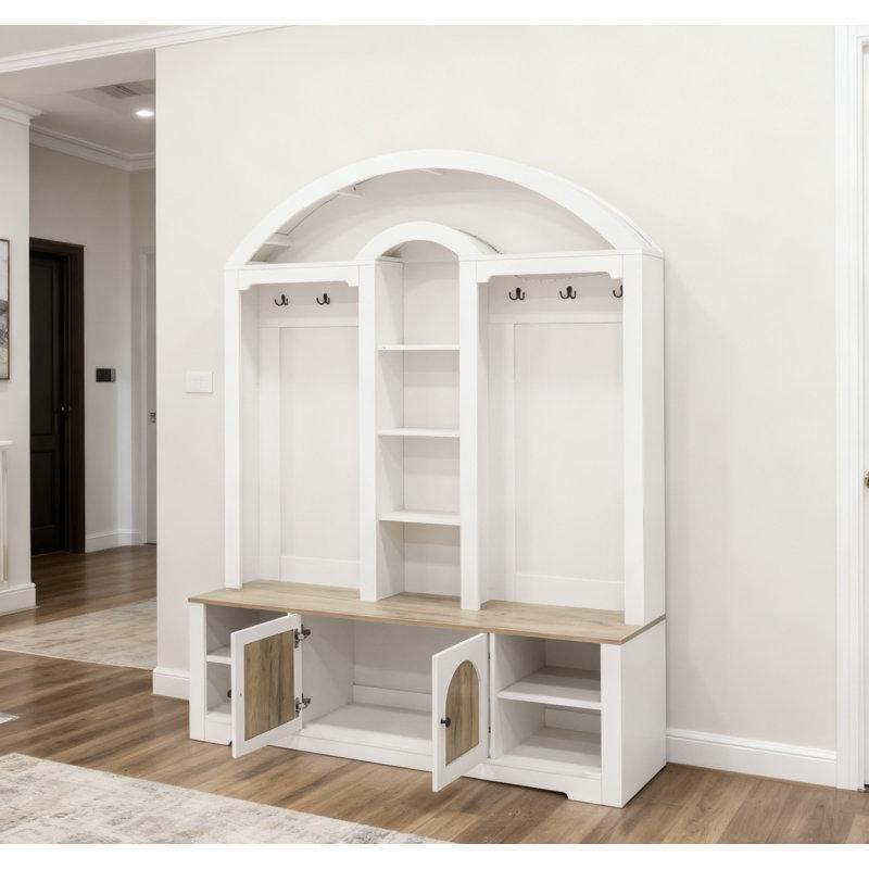Beyaz ve Ceviz Suntalam Kavisli Tasarımlı Çok Amaçlı Portmanto Vestiyer - 150 cm - 159778