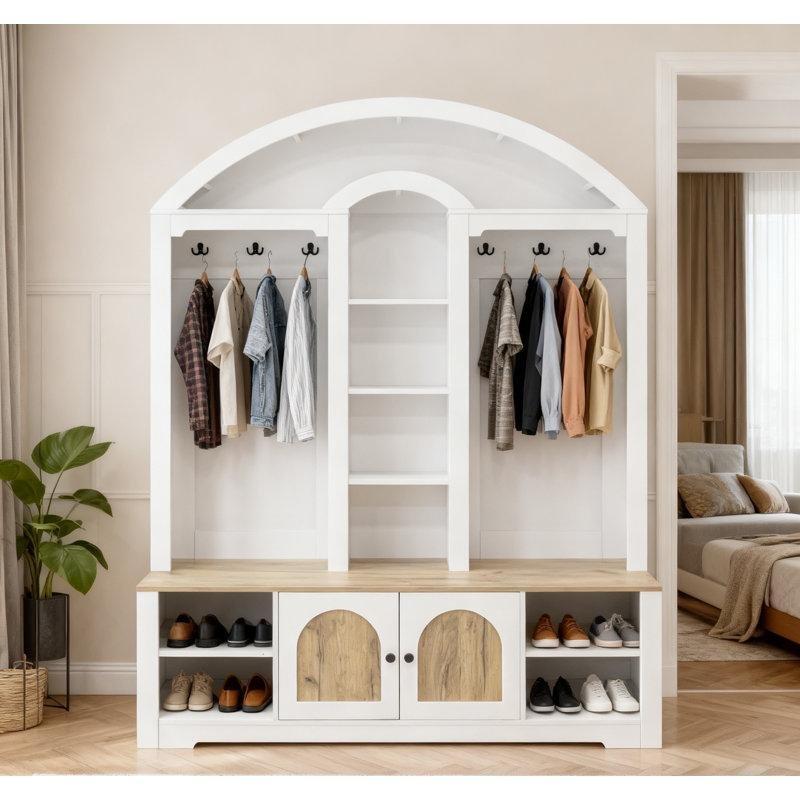 Beyaz ve Ceviz Suntalam Kavisli Tasarımlı Çok Amaçlı Portmanto Vestiyer - 150 cm - 159778