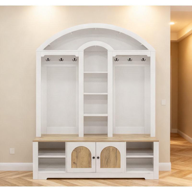 Beyaz ve Ceviz Suntalam Kavisli Tasarımlı Çok Amaçlı Portmanto Vestiyer - 150 cm - 159778