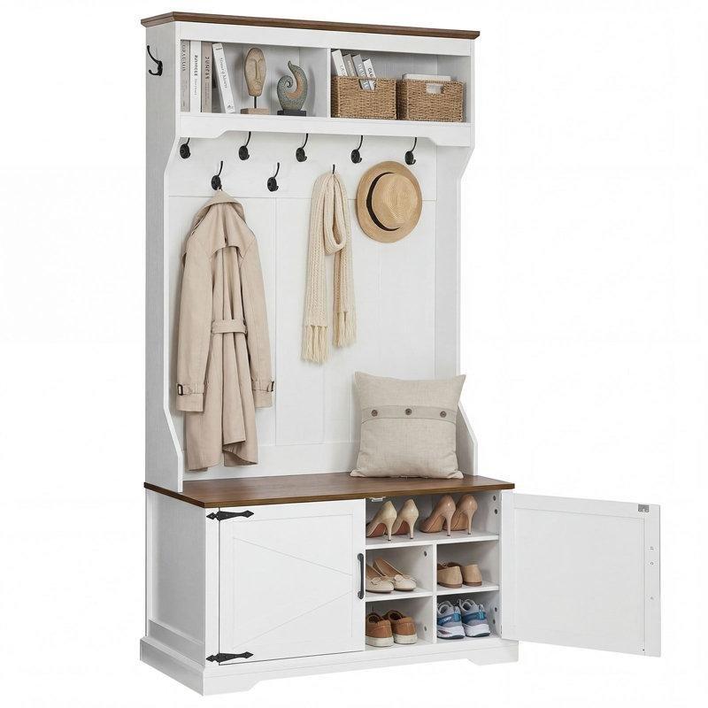 Beyaz ve Ceviz Suntalam Oturaklı 11 Askılı Dolaplı Country Portmanto Vestiyer - 102x185 cm - 159574
