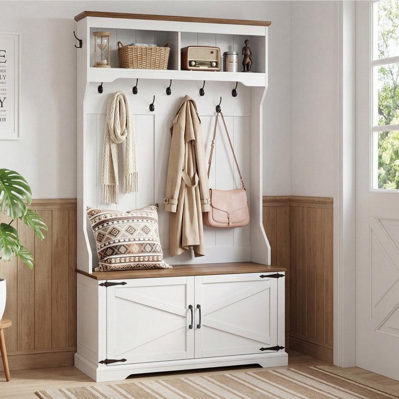 Beyaz ve Ceviz Suntalam Oturaklı 11 Askılı Dolaplı Country Portmanto Vestiyer - 102x185 cm - 159574