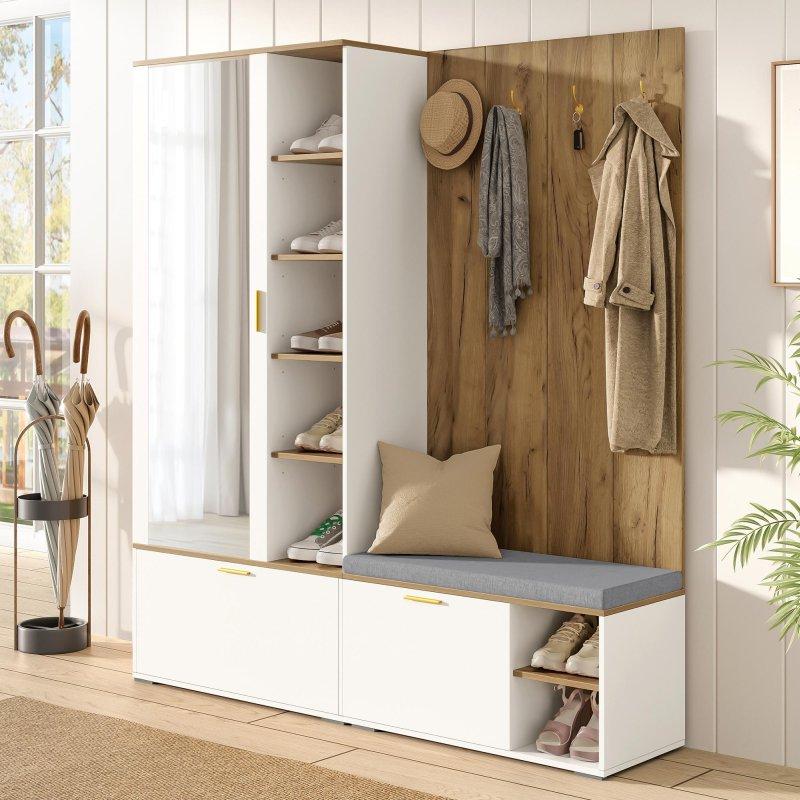 Beyaz ve Doğal Ahşap Rengi Sunta Oturaklı Aynalı Askılıklı Portmanto Vestiyer - 160 cm - 158794