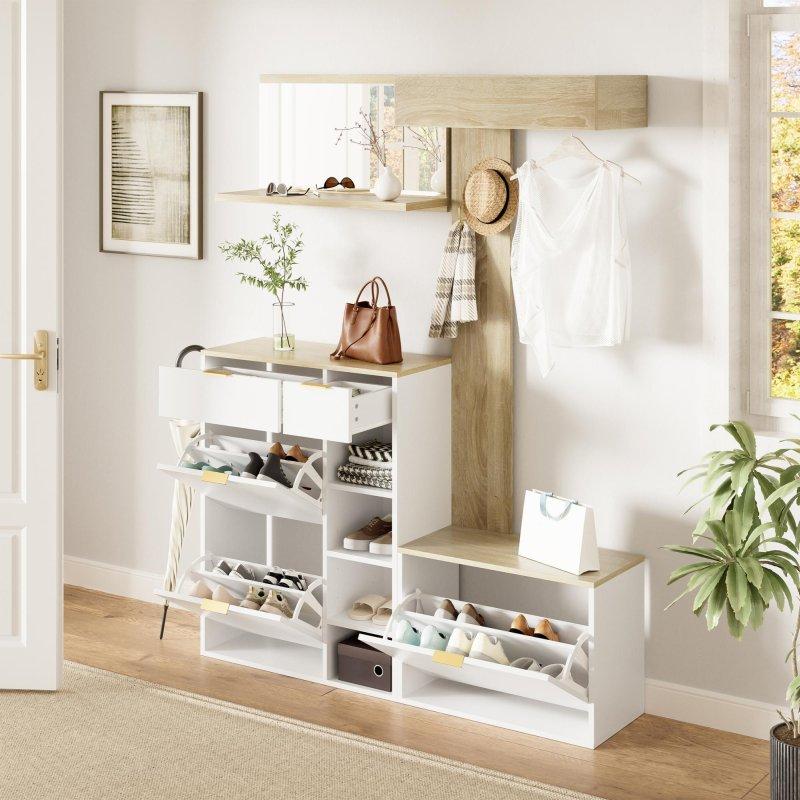 Beyaz ve Doğal Ahşap Suntalam Aynalı Oturaklı Çekmeceli Portmanto Vestiyer - 130 cm - 158791