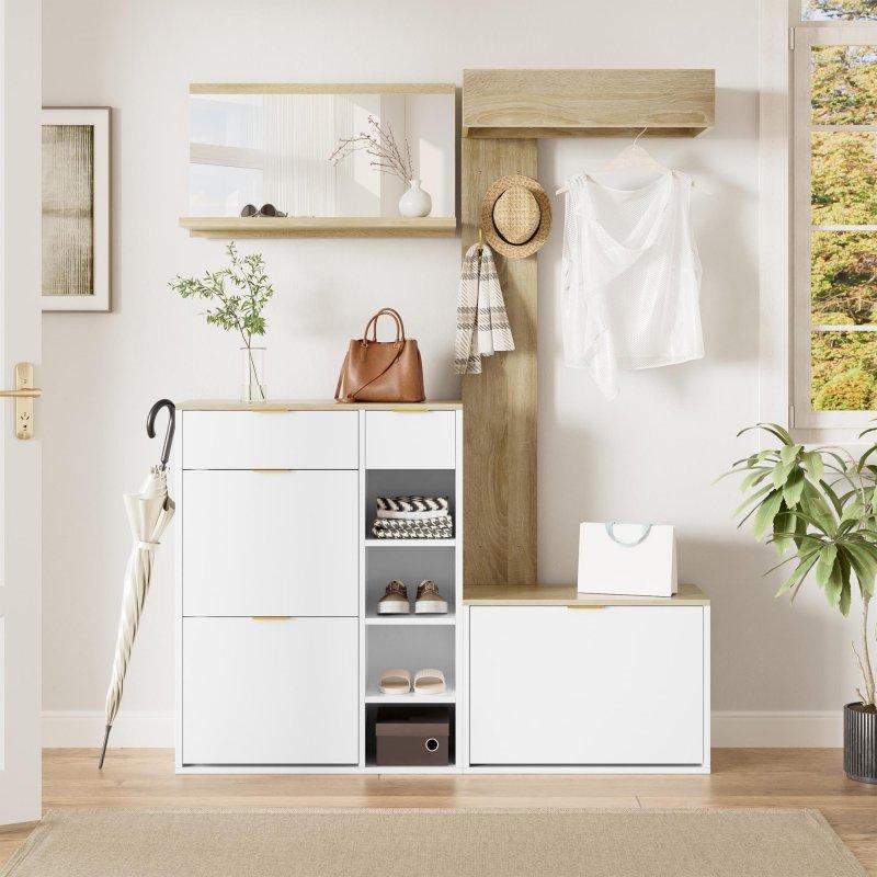 Beyaz ve Doğal Ahşap Suntalam Aynalı Oturaklı Çekmeceli Portmanto Vestiyer - 130 cm - 158791