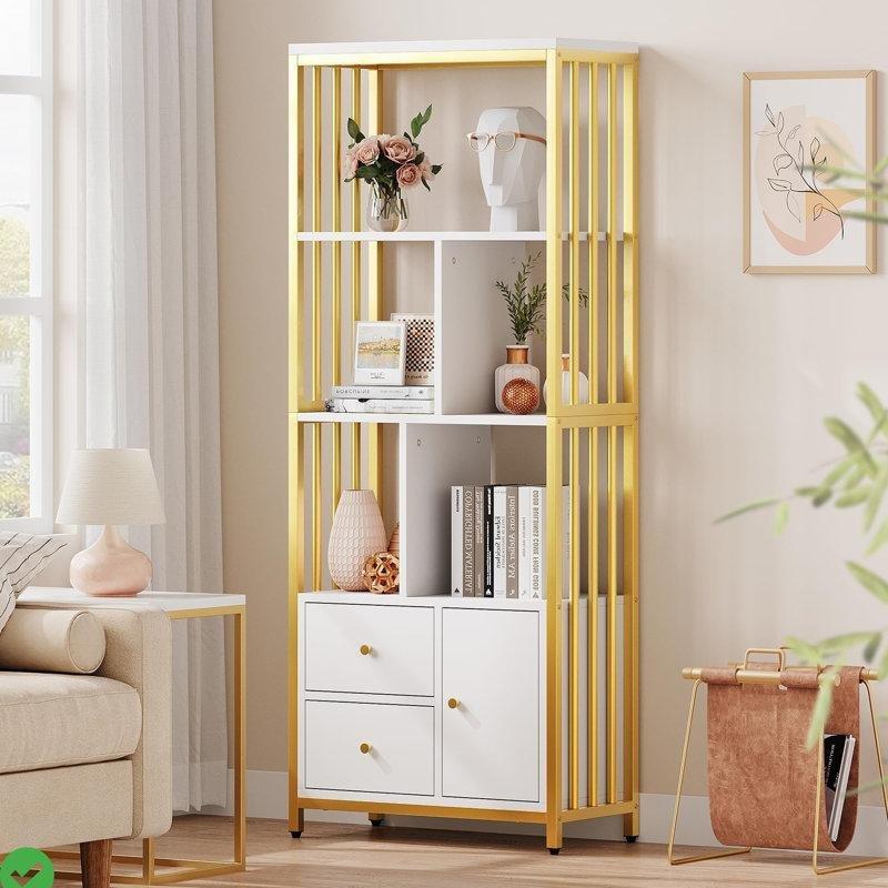 Beyaz ve Gold Metal 3 Çekmeceli 4 Raflı Vitrin - Gümüşlük - 160 cm - 157309