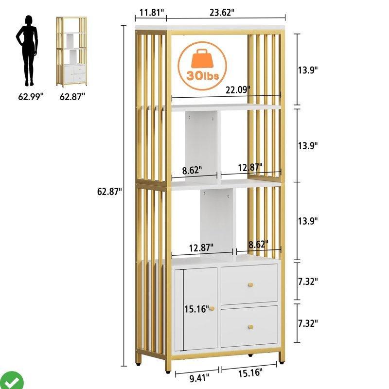 Beyaz ve Gold Metal 3 Çekmeceli 4 Raflı Vitrin - Gümüşlük - 160 cm - 157309