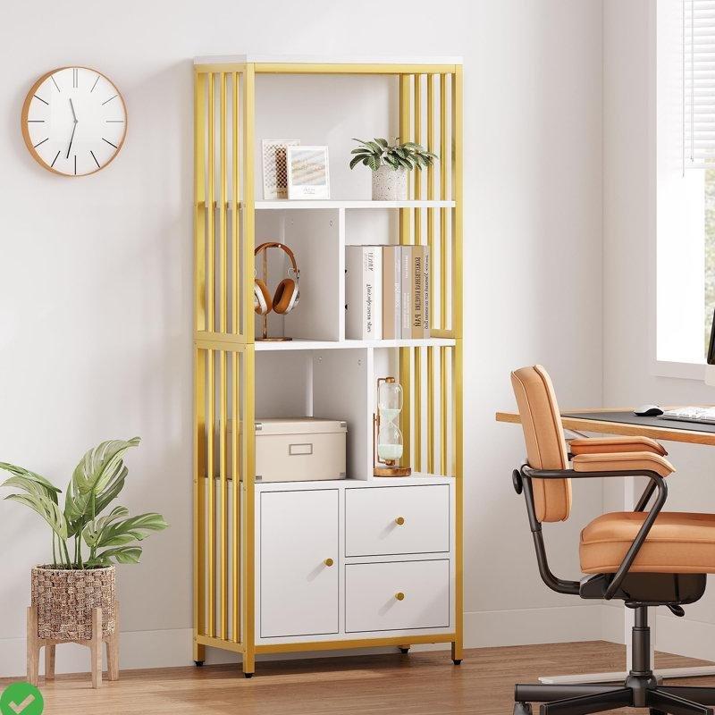 Beyaz ve Gold Metal 3 Çekmeceli 4 Raflı Vitrin - Gümüşlük - 160 cm - 157309