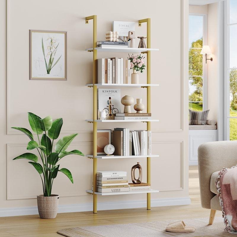 Beyaz ve Gold Metal 5 Raflı Modern Ahşap Etajer Vitrin - Gümüşlük - 185x60 cm - 157339