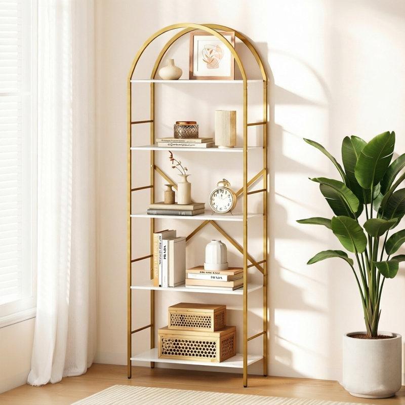 Beyaz ve Gold Metal Kemerli 5 Raflı Etajer Vitrin - Gümüşlük - 168x60 cm - 157324