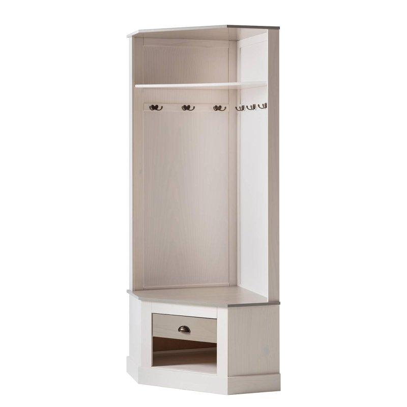 Beyaz ve Gri Masif Ahşap Çekmeceli Köşe Portmanto Vestiyer - 90x65x185 cm - 159208