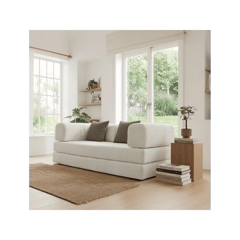 Beyaz ve Kahverengi Fitilli Kadife Metal İskeletli Yataklı Koltuk - 180 cm - 155893