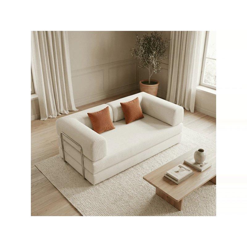 Beyaz ve Mango Rengi Fitilli Kadife Yatak Olabilen Endüstriyel Tasarım Koltuk - 180 cm - 155890