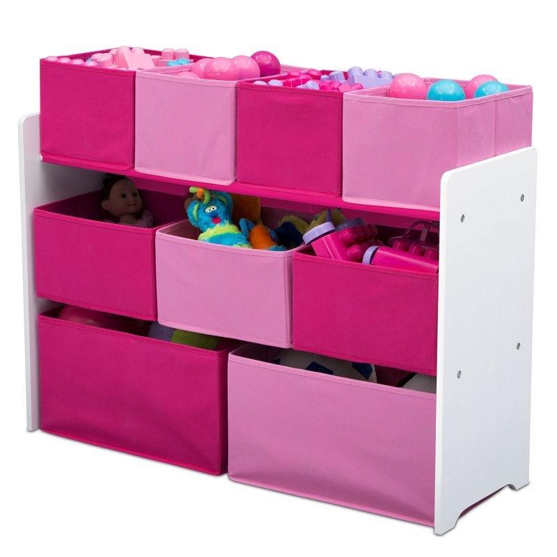 Beyaz ve Pembe Endüstriyel Ahşap 9 Sepetli 3 Raflı Oyuncak Dolabı - 94x30x68 cm - 150102