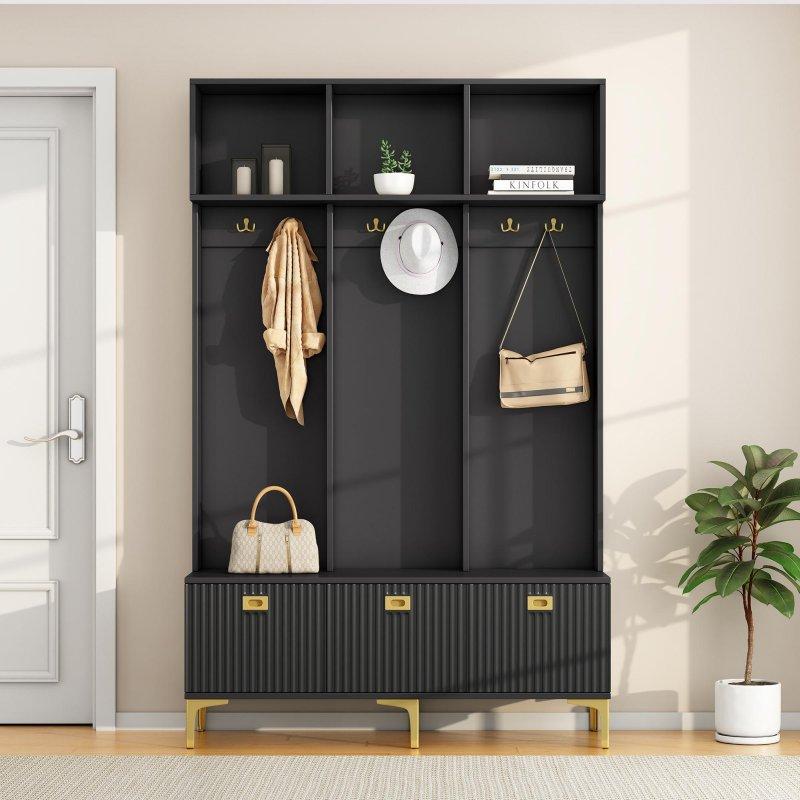 Beyaz ve Siyah Oturaklı Gold Detaylı Yivli Kapaklı Portmanto Vestiyer - 120 cm - 159283