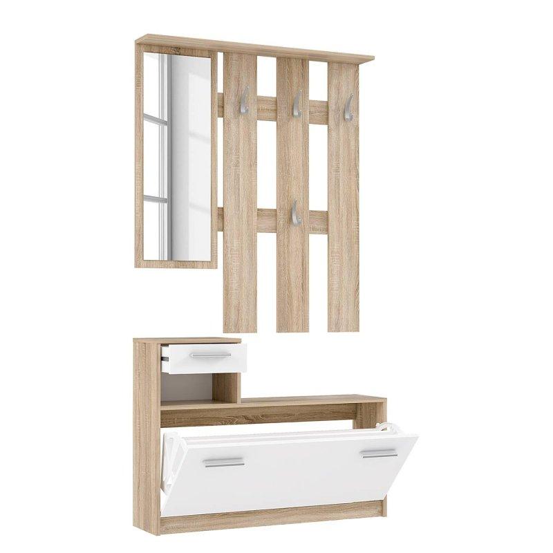 Beyaz ve Sonoma Meşesi Suntalam Aynalı Çekmeceli Askılı Portmanto Vestiyer - 98 cm - 158899