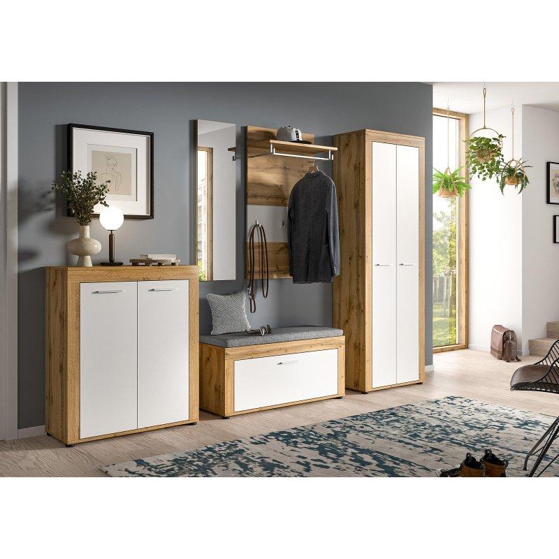 Beyaz ve Wotan Meşe Dekorlu Suntalam 6 Parça Oturaklı Aynalı Portmanto Vestiyer Seti - 285 cm - 158896