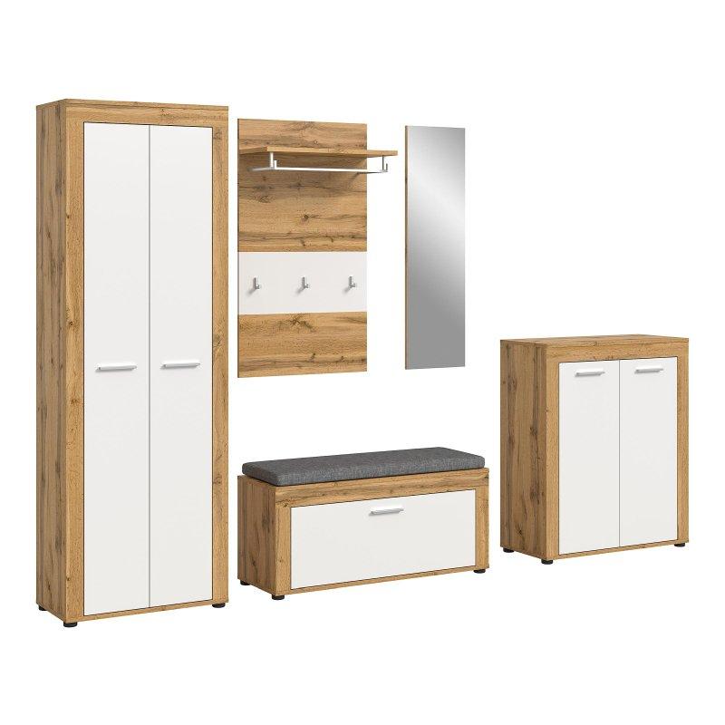 Beyaz ve Wotan Meşe Dekorlu Suntalam 6 Parça Oturaklı Aynalı Portmanto Vestiyer Seti - 285 cm - 158896