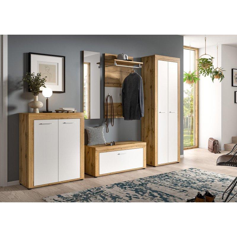 Beyaz ve Wotan Meşe Komodinli Aynalı 4 Parçalı Sunta Portmanto Vestiyer - 200x191x35 cm - 158818