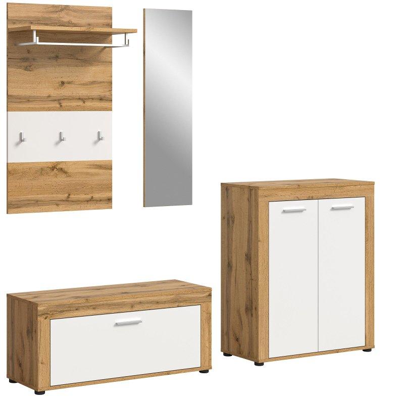 Beyaz ve Wotan Meşe Komodinli Aynalı 4 Parçalı Sunta Portmanto Vestiyer - 200x191x35 cm - 158818