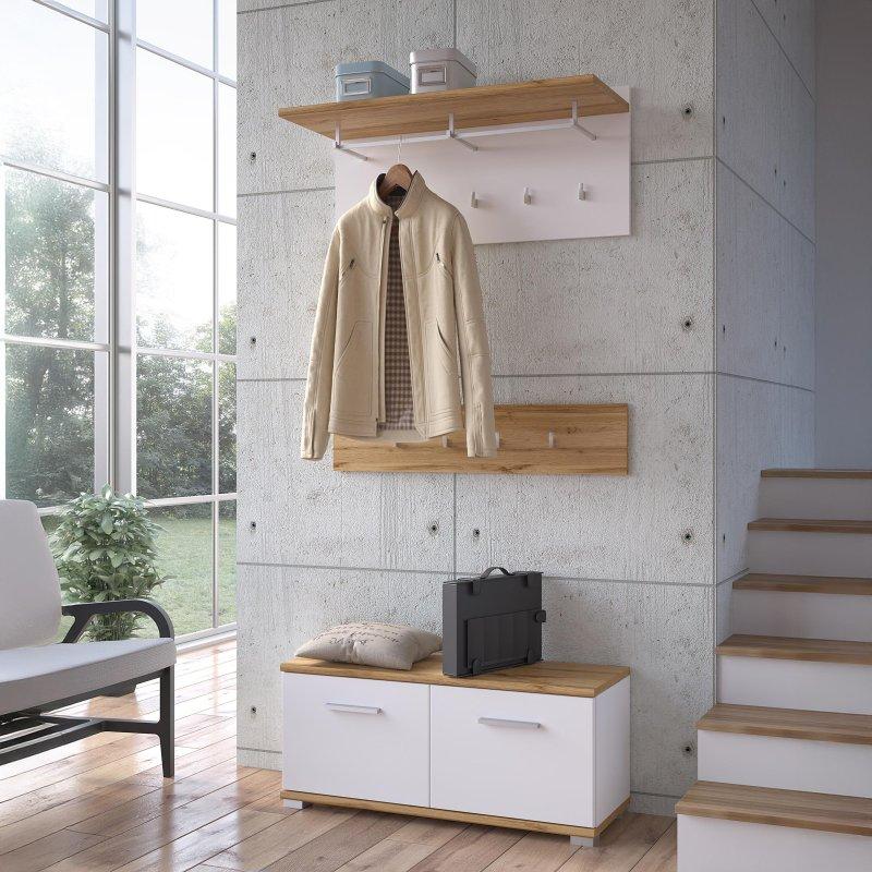 Beyaz ve Wotan Meşe Oturaklı 3 Parçalı Portmanto Vestiyer Seti - 90 cm - 158914