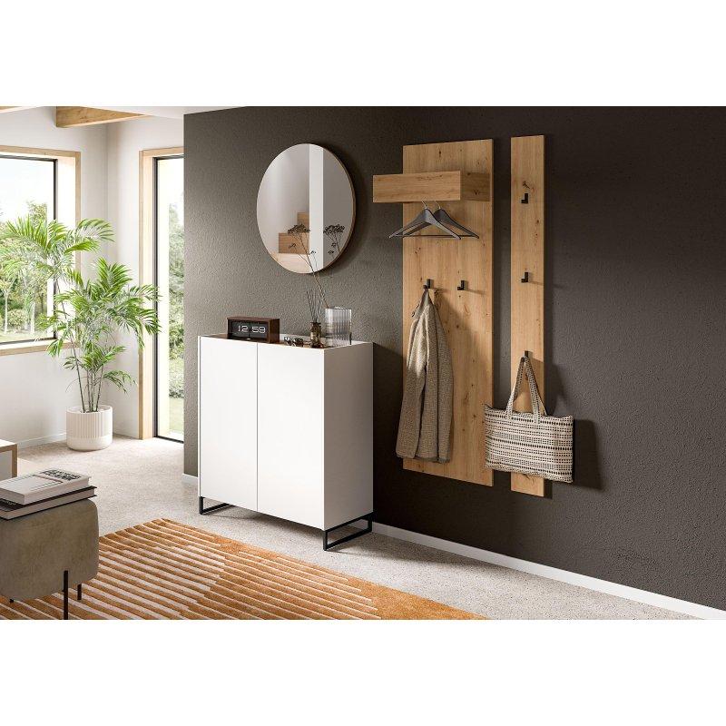 Beyaz ve Zanaatkar Dekor 4 Parçalı Komodinli Aynalı Portmanto Vestiyer Seti - 197 cm - 159019