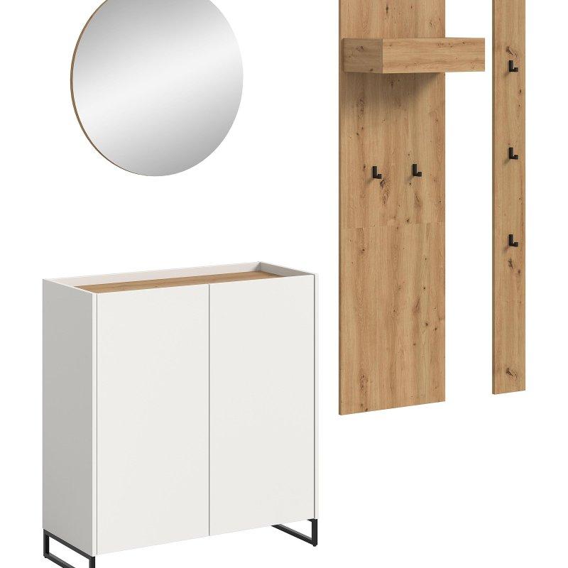 Beyaz ve Zanaatkar Dekor 4 Parçalı Komodinli Aynalı Portmanto Vestiyer Seti - 197 cm - 159019