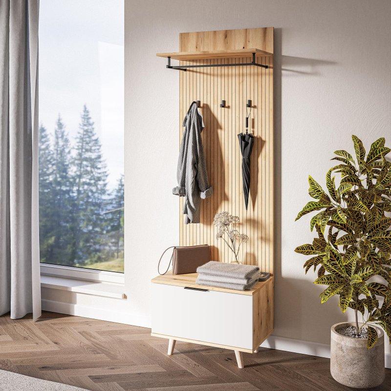 Beyaz ve Zanaatkar Dekor Kapaklı Yonga Levha Portmanto Vestiyer - 65 cm - 158839