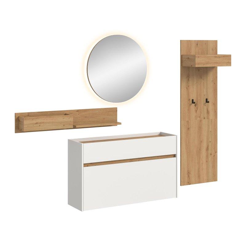 Beyaz ve Zanaatkar Desenli Sunta LED Aydınlatmalı 4 Parçalı Portmanto Vestiyer Seti - 197 cm - 158857