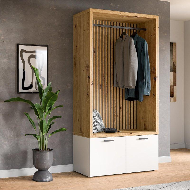 Beyaz ve Zanaatkar Meşe Rengi Suntalam 2 Kapaklı Oturaklı Portmanto Vestiyer - 106x200 cm - 159172