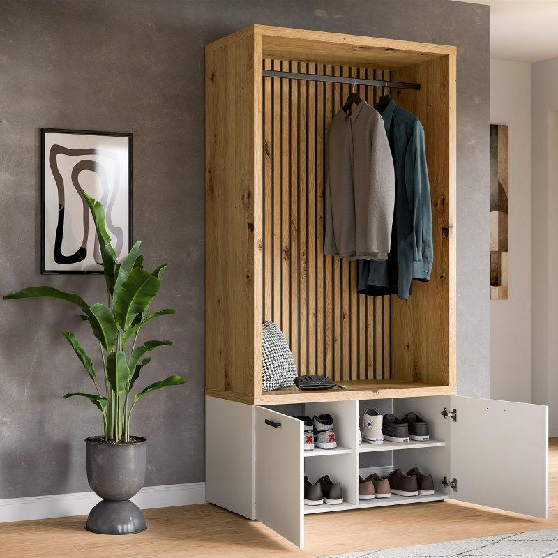 Beyaz ve Zanaatkar Meşe Rengi Suntalam 2 Kapaklı Oturaklı Portmanto Vestiyer - 106x200 cm - 159172