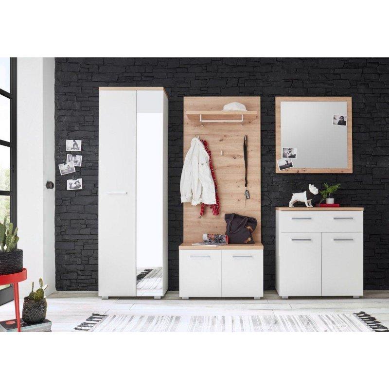 Beyaz ve Zanaatkar Rengi Ahşap Aynalı Oturaklı 5 Parça Portmanto Vestiyer Seti - 256 cm - 159061