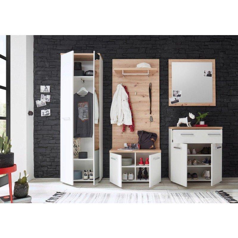 Beyaz ve Zanaatkar Rengi Ahşap Aynalı Oturaklı 5 Parça Portmanto Vestiyer Seti - 256 cm - 159061