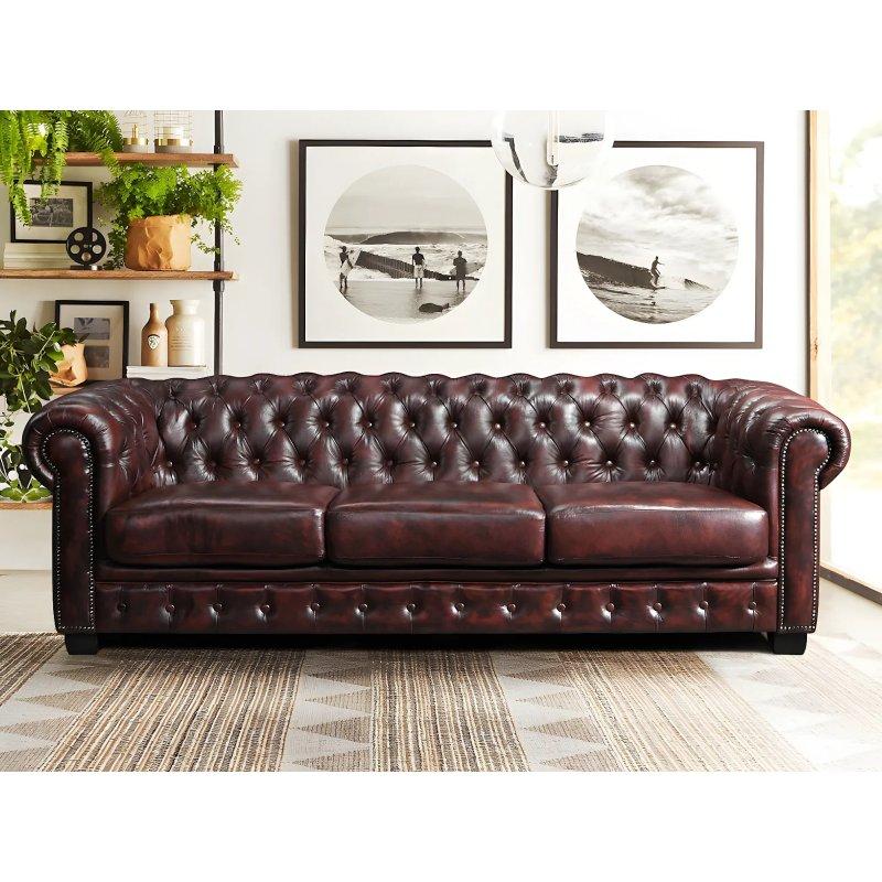 Bordo 100 Bufalo Derisi Zımba Detaylı 4 Kişilik Chesterfield Koltuk - 240 cm - 155473