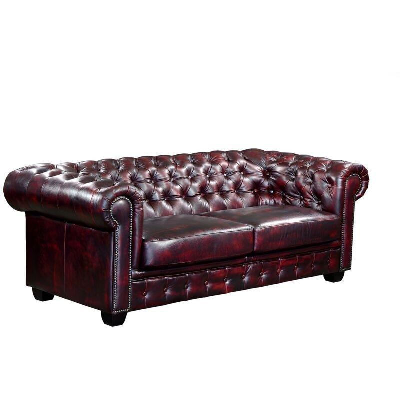 Bordo Hakiki Manda Derisi Kapitoneli Zımbalı Chesterfield 3 Kişilik Koltuk - 201 cm - 152320