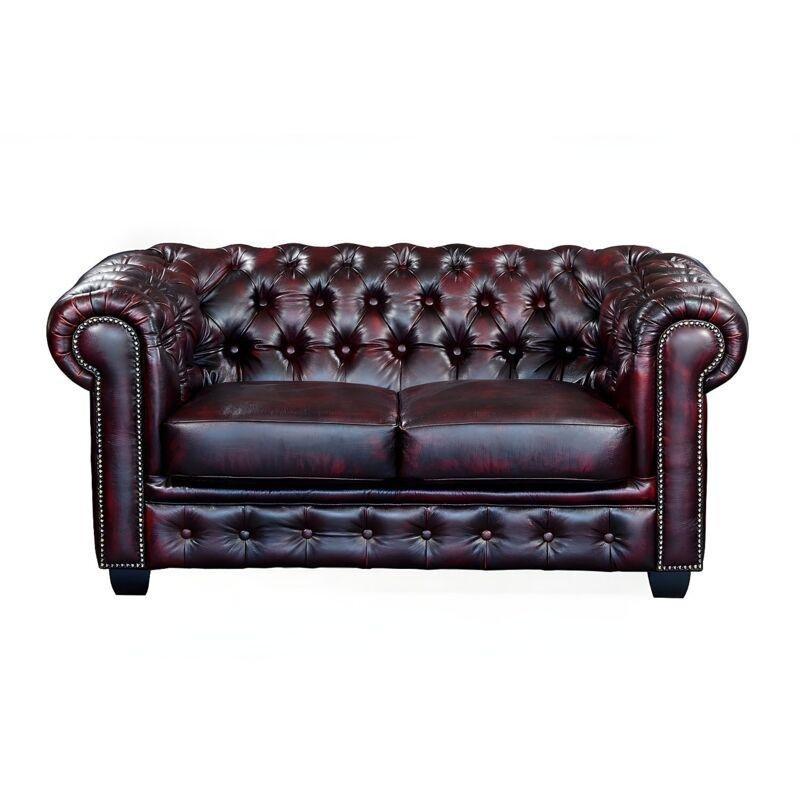 Bordo Hakiki Manda Derisi Kapitoneli Zımbalı Chesterfield İkili Koltuk - 160 cm - 152303
