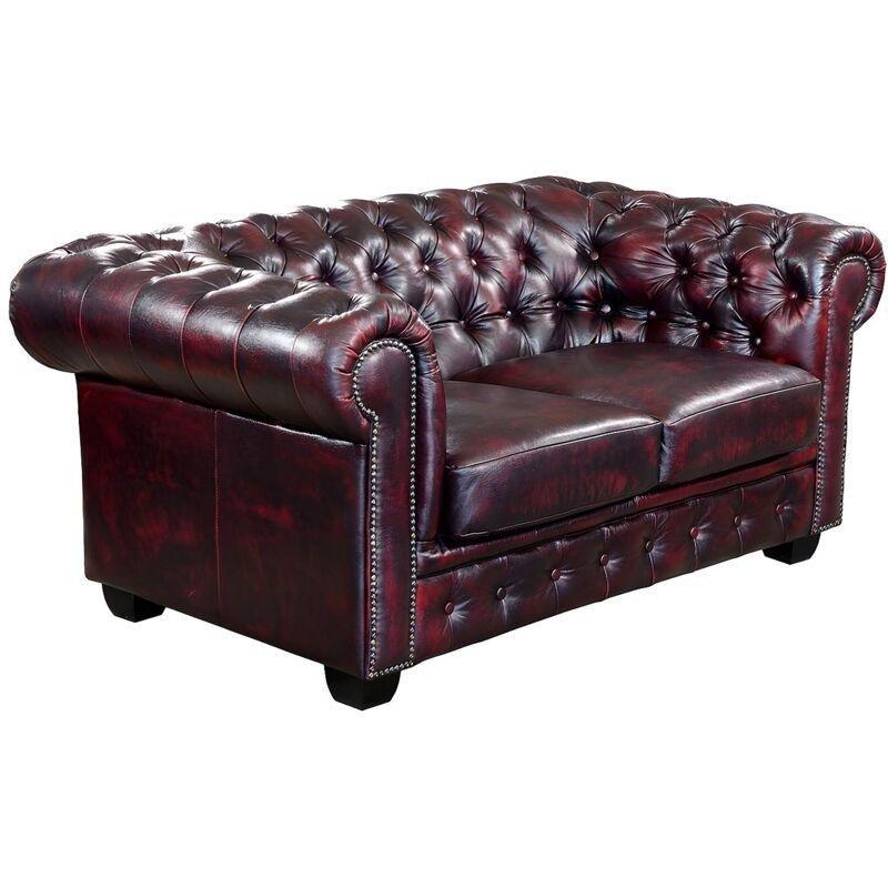 Bordo Hakiki Manda Derisi Kapitoneli Zımbalı Chesterfield İkili Koltuk - 160 cm - 152303