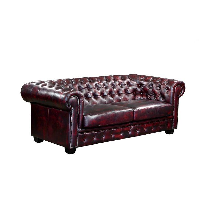 Bordo Manda Derisi Zımbalı Chesterfield 3 Kişilik Koltuk - 201 cm - 155467
