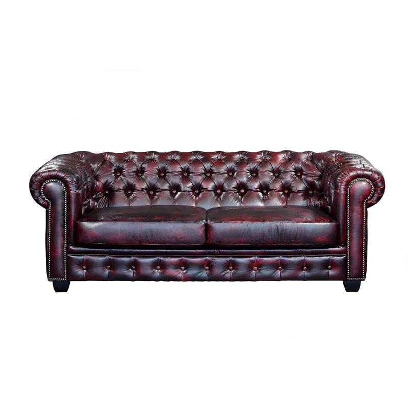 Bordo Manda Derisi Zımbalı Chesterfield 3 Kişilik Koltuk - 201 cm - 155467