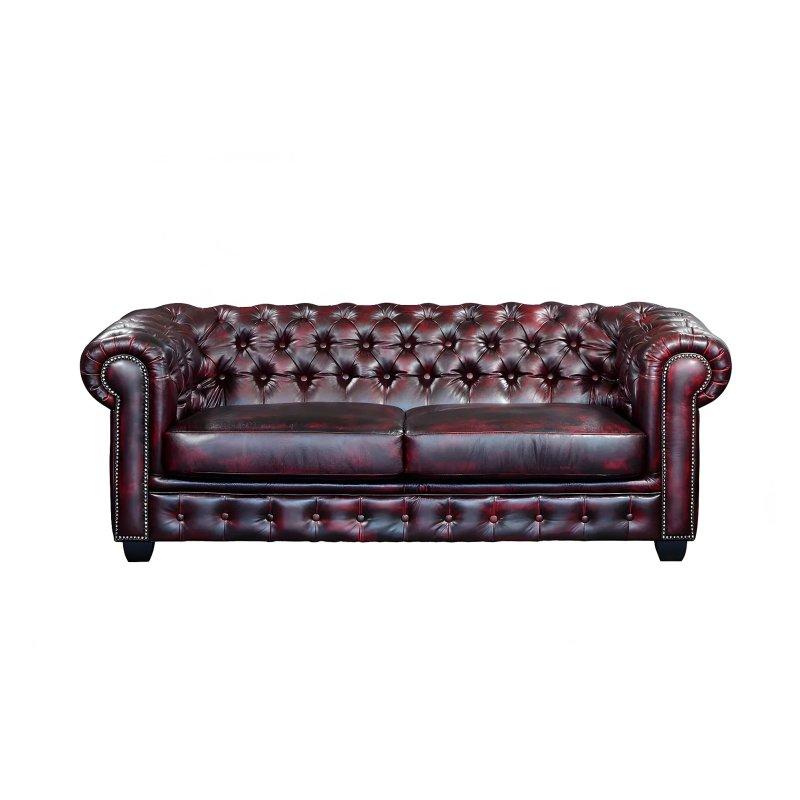 Bordo Manda Derisi Zımbalı Chesterfield 3 Kişilik Koltuk - 201 cm - 155467
