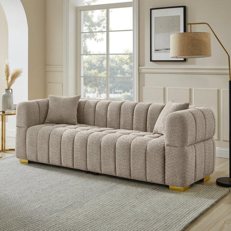 Bukle Kumaş Kapitoneli Masif Ahşap Üçlü Koltuk - 231 cm - 151783